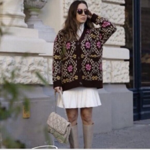 ZARA Oversized Chunky Floral Knit Cardigan Sweater Brown Pink Yellow Size M - Picture 5 of 16